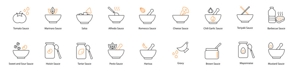Sauce Vector Icon Set: Tomato, Sweet and Sour, Marinara, Hoisin, Tartar, Alfredo, Romesco, Pesto, Harissa, Cheese, Gravy, Chili Garlic, Teriyaki, Barbecue, Brown, Mayonnaise, and Mustard
