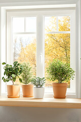 Fototapeta premium Indoor plants on windowsill, autumn leaves outside, home decor, bright sunlight