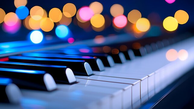 Close-up of piano keys with blurred colorful lights in background.
