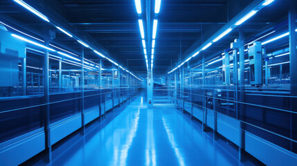 Fototapeta premium High-tech factory interior with shiny stainless steel equipment and modern blue lighting in a clean industrial environment