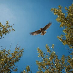 Fototapeta premium Describe the moment when a bird lifts off from a branch and takes flight into the blue sky.