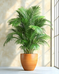 Obraz premium Lush potted palm plant in sunlit room near window, interior design