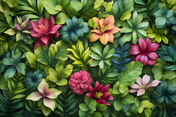 Lush tropical floral wall, vibrant foliage, summer background, perfect for design