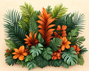 Fototapeta premium Lush tropical foliage arrangement, vibrant orange flowers, beige background; ideal for summer design