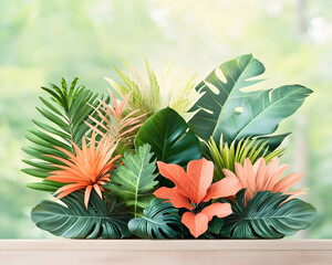 Obraz premium Lush tropical foliage arrangement on wooden surface, blurred green background; ideal for nature, wellness, or design projects