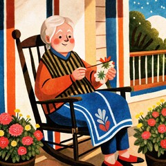 Elderly Woman Needlepointing on Porch Swing Relaxing Outdoors Summer Flowers