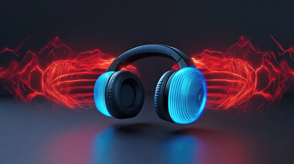Futuristic headphones emitting glowing waves neutralizing noise, symbolizing advanced noise reduction technology.