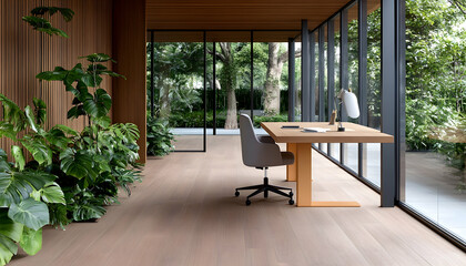 Obraz premium Modern home office with garden view, hardwood floors, plants, and desk. Ideal for work-life balance articles