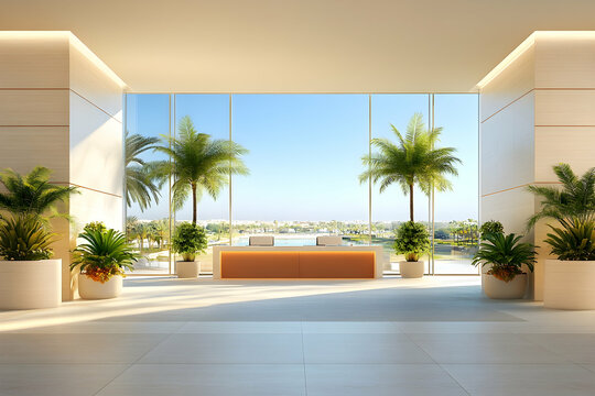 Modern hotel lobby reception, tropical view, sunny day, tranquil oasis