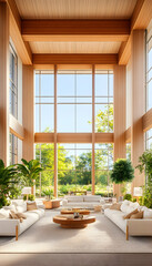 Modern living room with high ceilings, large windows, and lush greenery outside.  Ideal for real estate marketing