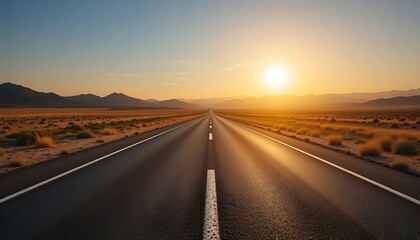 Fototapeta premium A scenic asphalt highway stretches towards a vibrant sunset over a vast, serene desert landscape with mountains in the background.