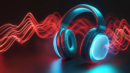 Futuristic headphones emitting glowing waves neutralizing noise, symbolizing advanced noise reduction technology.