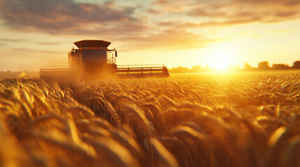 Fototapeta premium Golden wheat field under a glowing sunset with a harvesting combine creating a serene and rural farming scene