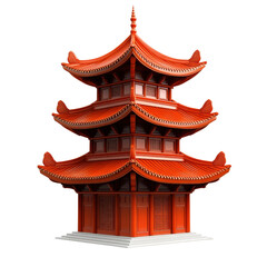 Fototapeta premium Three-Story Traditional Chinese Pagoda, Red Wooden Architecture, Asian Temple, Isolated on Black