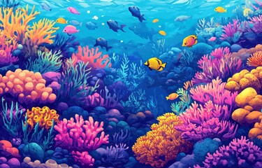 Fototapeta premium Vibrant underwater scene with colorful coral and fishes, painted in a whimsical style
