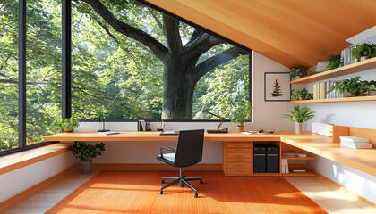 Serene home office with large window overlooking lush trees, ideal for productivity and relaxation