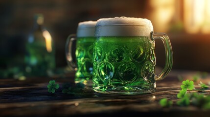 Mugs of green beer for St. Patrick's Day on wooden table