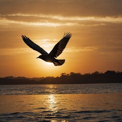 Imagine the silhouette of a bird flying across a golden sunset, its wings spread wide in motion.