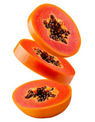 Falling ripe papaya slice isolated on white background clipping path