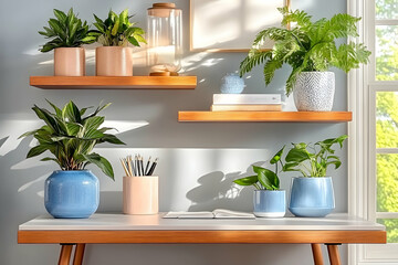 Sunlit home office desk with potted plants, books, and pencils