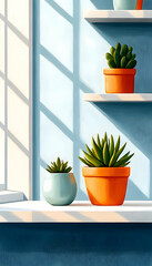 Fototapeta premium Sunlit succulents on windowsill, peaceful home interior, bright background, ideal for home decor websites