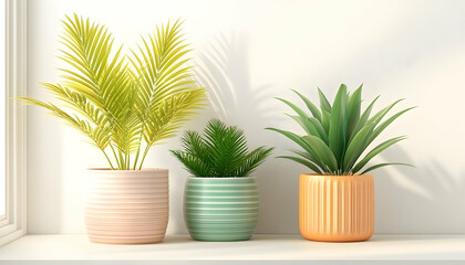 Obraz premium Three potted plants on windowsill, sunlight, minimalist interior. Perfect for home decor websites