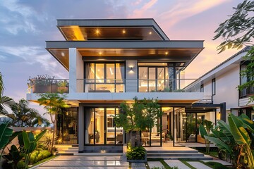 Modern house with large and good glazing with blue sky