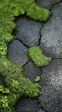 Lush green moss and small plants growing in the cracks of dark stone pavement in a serene setting