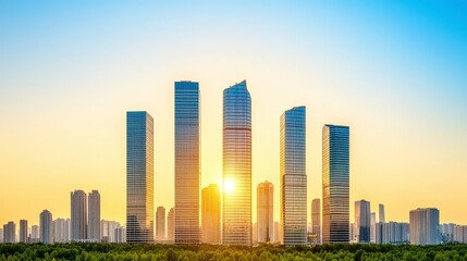 Obraz premium City skyline featuring tall buildings modern architecture and green trees under a clear blue sky