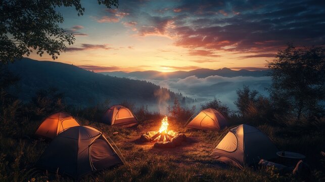 Campfire sunset mountaintop tents misty landscape camping adventure
