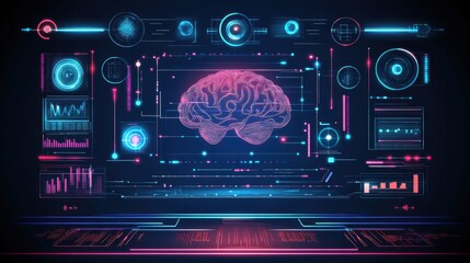 Obraz premium Digital brain hologram overlaid with data streams and futuristic elements.