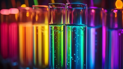 Neon lit flutes with vibrantly colored liquids at detail