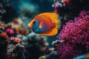 Fototapeta premium Vibrant tropical fish swimming amidst colorful coral reef.