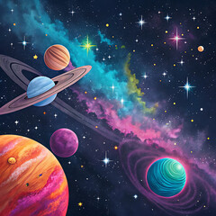 Naklejka premium a space scene with planets and stars in the background. The background is a deep blue color with a galaxy-like texture. The planets are of different sizes and colors, including orange, pink, purple, a