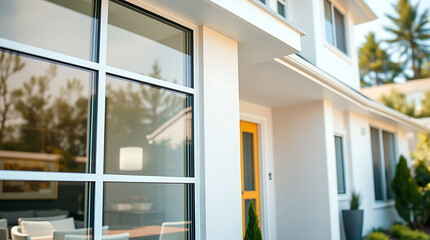 Fototapeta premium Modern House Exterior: White Facade, Large Windows, and Yellow Door. Contemporary Home Design, Real Estate Photography