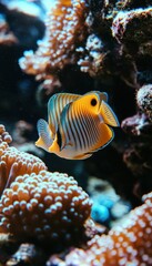 Striped fish swimming amidst vibrant coral reef.