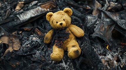 A childa??s teddy bear left in the debris a burning building, charred remains around