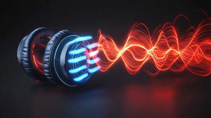 Futuristic headphones emitting glowing waves neutralizing noise, symbolizing advanced noise reduction technology.