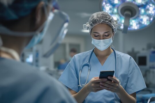 Female surgeon texting on mobile phone in hospital or surgery. She is wearing scrubs and has her stethoscope around her neck - Powered by Adobe