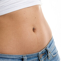 Slim Belly With No Belly Fat, Women Showing Zero Fat Belly Isolated On White Background