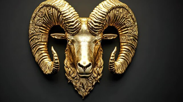 Golden ram head sculpture displayed on a dark wall in an elegant art gallery showcasing unique animal-themed artworks