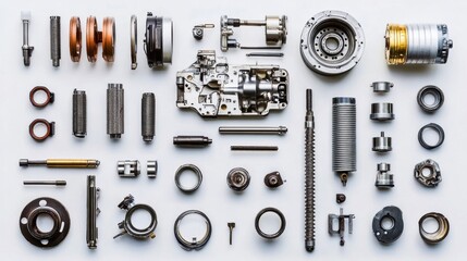 Fototapeta premium Disassembled gear systems and engine components displayed methodically.