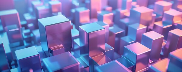 Metallic cubes are forming a futuristic cityscape in blue and purple neon light