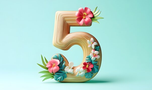 Wooden 5, tropical flowers, pastel background, summer sale