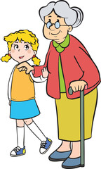 Helpful little girl helping the old woman walk. Cartoon.