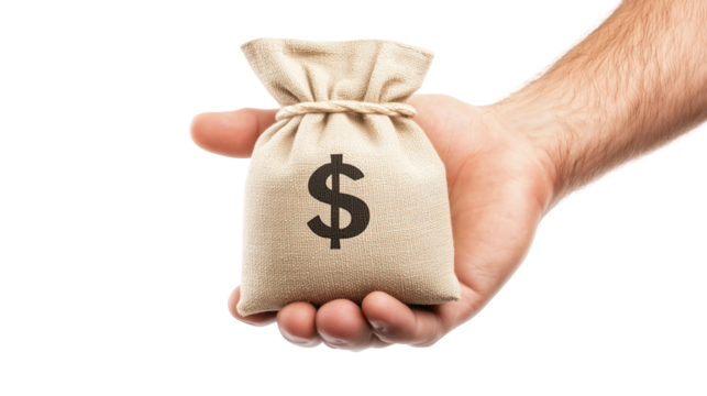 Business Hand Holding Money Bag Image isolated on white or transparent background, png clipart, design element
