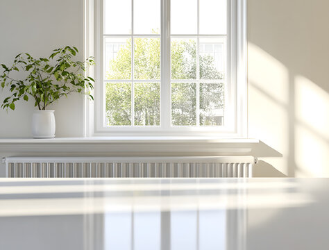 Fototapeta white table with background of window and abstract green from garden with sunlight  for product display