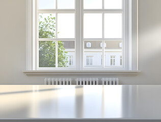 white table with background of window and abstract green from garden with sunlight  for product display