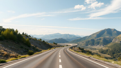 Fototapeta premium Empty asphalt road leading to the mountain. Generative AI