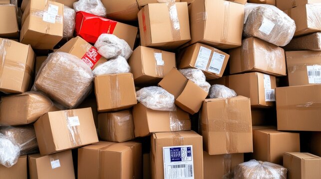 A Mountain of Packages: An overhead shot of a massive stack of cardboard boxes, tightly packed and ready for delivery, evokes a sense of overwhelming volume and busy online shopping.